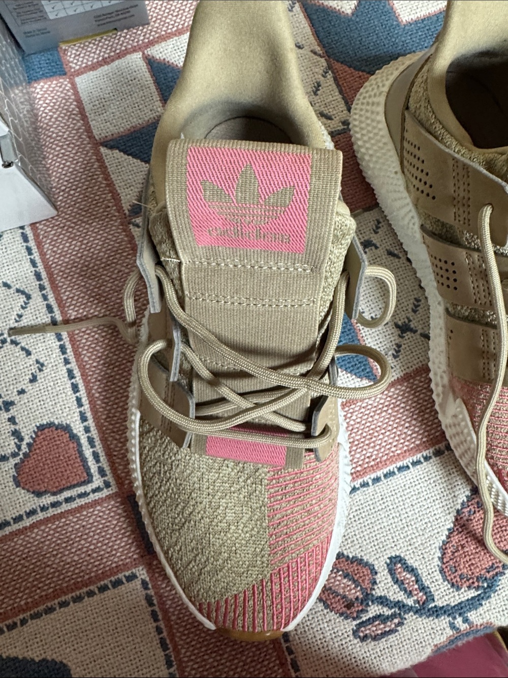 adidas Women's Tan Knit Sneakers with Pink Accents